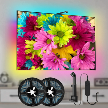 RGB Symphony TV apšvietimas, modelis YM-BT-AUHC003, įvesties įtampa 5V, galia 10W, reguliuojamas ryškumas, valdymas mygtuku ir programėle