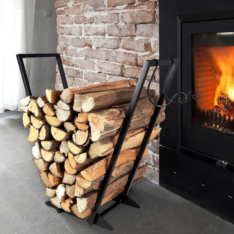 Стойка за дърва от ковано желязо с куки, преносима дървесна държач-стойка за дърва, едноетажна, подова