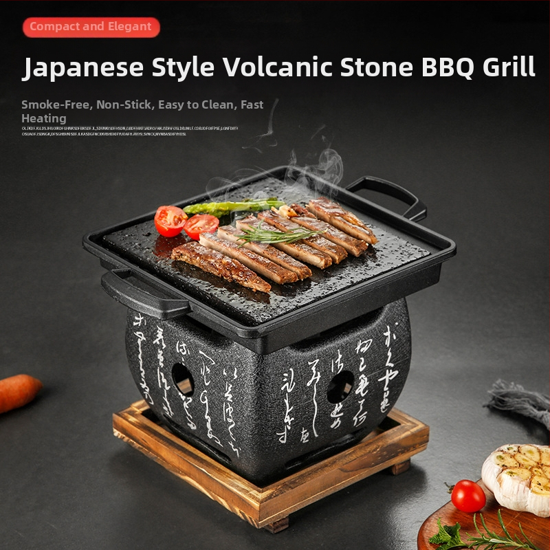 Boyue vulkaninės kilmės akmens kvadratinė kepsninės plokštė su alyvos įdubimu, japonų stiliaus aukštatemperatūrinė akmens plokštė kepsniams, izoliacija