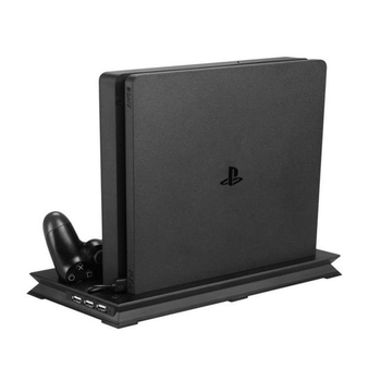 PS4 Slim daugiafunkcinis laikiklis su aušinančiu ventiliatoriumi, ultra plonas pagrindas, dviguba įkrova, Micro USB, 5V išvestis
