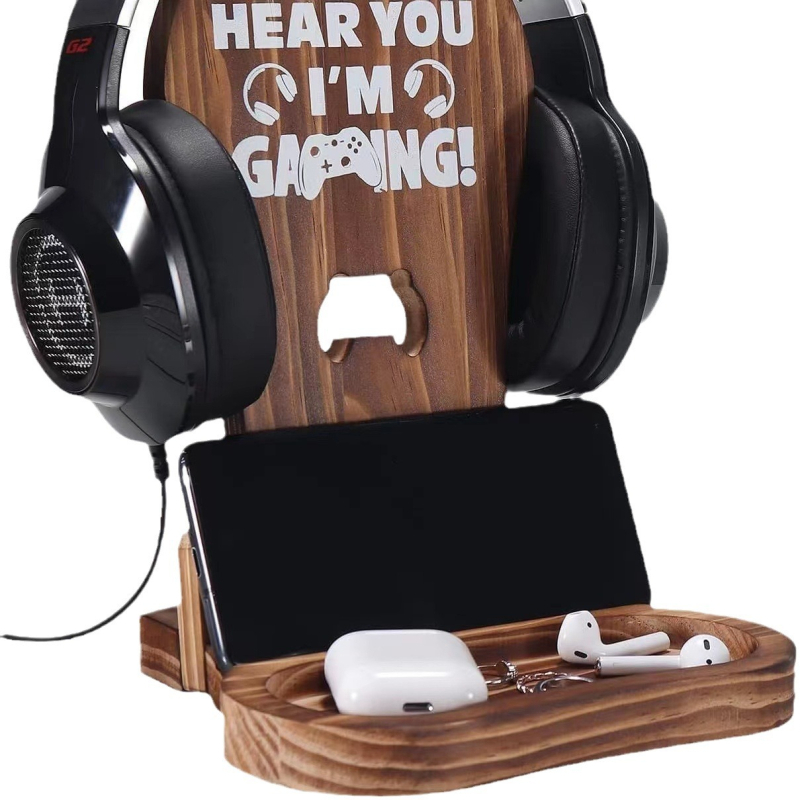 Дървен стенд за слушалки за настолен компютър – държач за гейм слушалки – база за безжични слушалки – модерен минималистичен дизайн