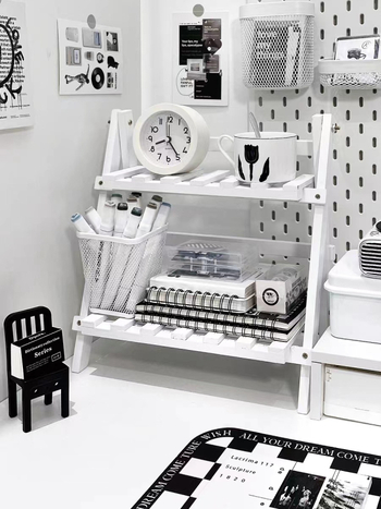 Ράφι αποθήκευσης γραφείου δύο επιπέδων - χωρίς εγκατάσταση, αναδιπλώμενο, ξύλινο, για επιτραπέζια χρήση