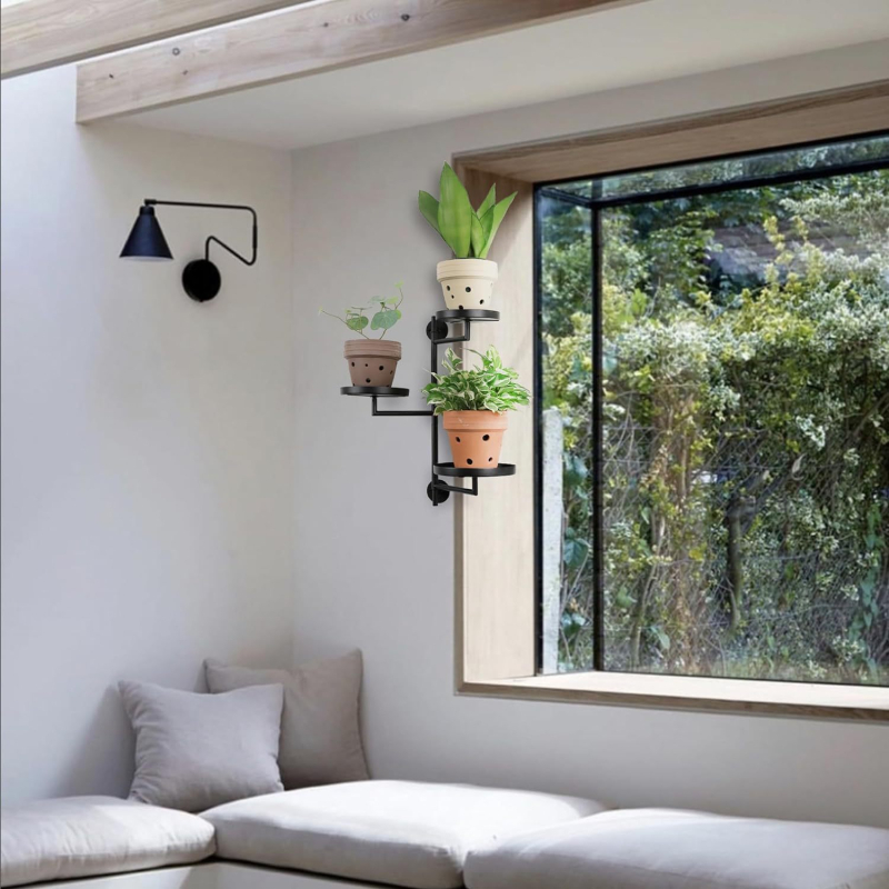 Beltéri forgó ablak növényállvány, 3-emeletes acél növényállvány, falra szerelhető