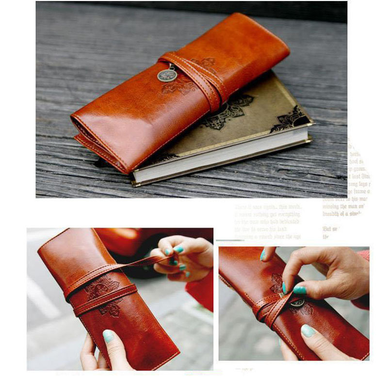 Калъф за моливи от износена кожа с три секции, корейски стил, дизайн с шарка и текст, голям капацитет за моливи и четки