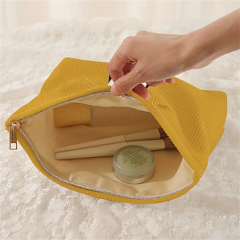 Corduroy чанта-органайзер с цип за домашно съхранение и козметика, сладък анимационен дизайн на котка, разширяем капацитет, подплата от полиестер