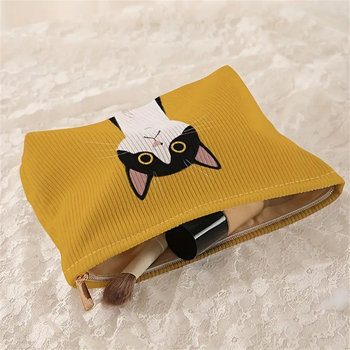 Corduroy чанта-органайзер с цип за домашно съхранение и козметика, сладък анимационен дизайн на котка, разширяем капацитет, подплата от полиестер