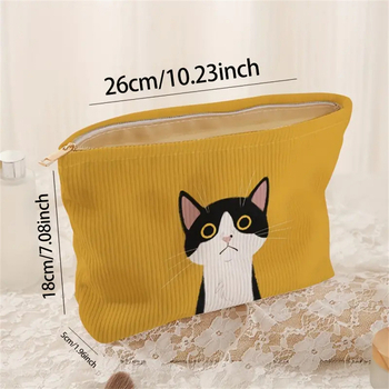 Corduroy чанта-органайзер с цип за домашно съхранение и козметика, сладък анимационен дизайн на котка, разширяем капацитет, подплата от полиестер