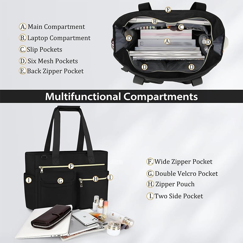 Geantă de umăr din pânză pentru femei cu compartiment cu fermoar, rezistentă la apă, mâneri duble, buzunare interioare pentru telefon și laptop