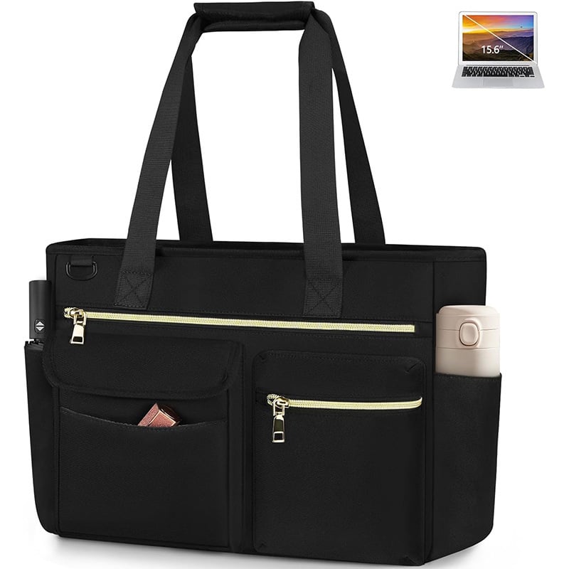 Geantă de umăr din pânză pentru femei cu compartiment cu fermoar, rezistentă la apă, mâneri duble, buzunare interioare pentru telefon și laptop