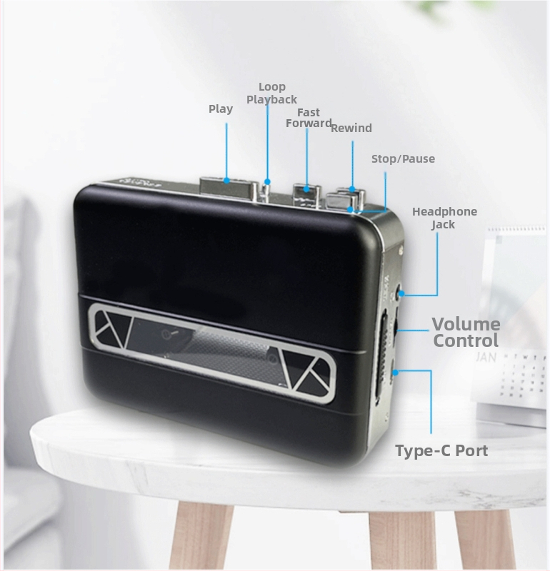 Модел KDJ01 преносим касетен плеър, 3V/3W, USB-C, двуканално стерео, MP3 запис