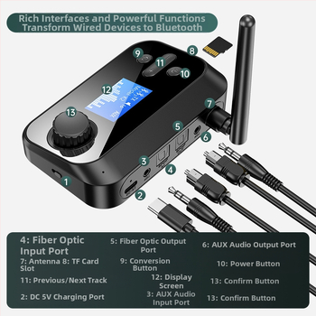 Bluetooth μετατροπέας/δέκτης ενός προς δύο με θύρα USB, Plug-and-Play και εξωτερική τροφοδοσία, υποστηρίζει δύο συσκευές, Bluetooth 5.0