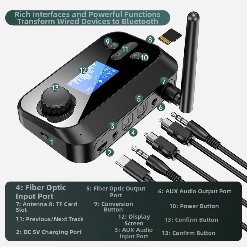 Bluetooth предавател/приемник USB адаптер за едно към две, Plug-and-Play, външно захранване, поддържа две устройства, Bluetooth 5.0