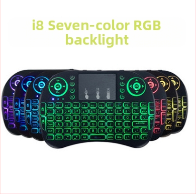 i8 klaviatūra — mini belaidė klaviatūra su oro pele, USB sąsaja, 2.4G belaidis ryšys, su apšvietimu, veikimo diapazonas iki 10 m, svoris 0.13 kg