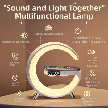 AI ασύρματος φορτιστής Bluetooth ομιλητής με φωτισμό ατμόσφαιρας, ξυπνητήρι και φωτιστικό γραφείου (Bluetooth 5.3; ασύρματη φόρτιση; ενσωματωμένη μπαταρία; ξυπνητήρι)