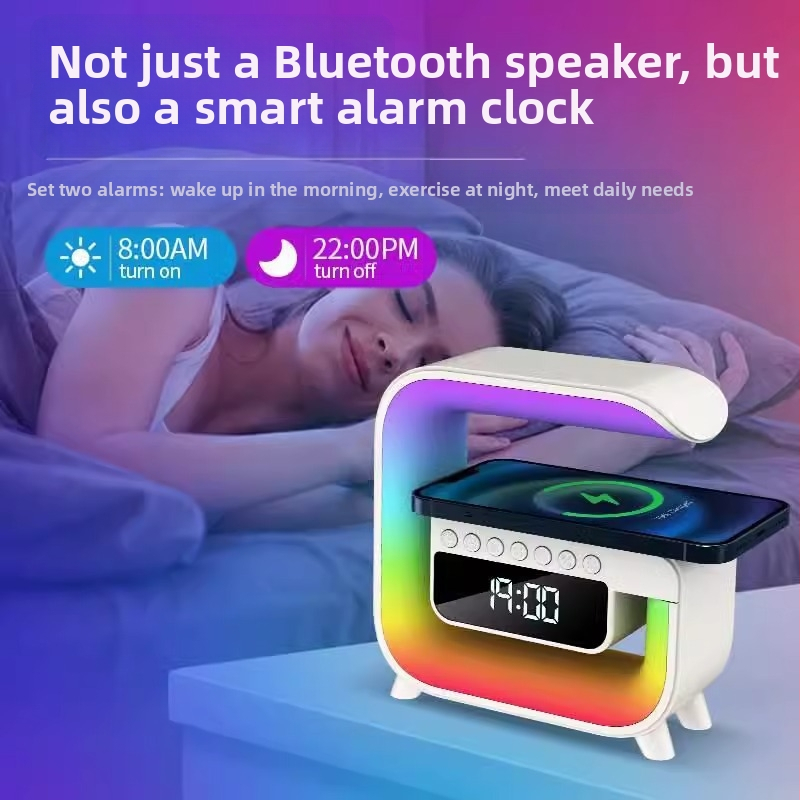 Bluetooth ηχείο με ασύρματη φόρτιση, νυχτερινό φως και RGB ατμόσφαιρα, σύστημα με 2 ηχεία, ξυπνητήρι και χρονοδιακόπτης, ενσωματωμένη μπαταρία 2000–4000mAh, IPX6, USB τροφοδοσία