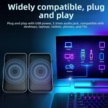 CO712 2.0-s számítógép hangszórók asztali számítógéphez és laptophoz, USB + 3.5 mm bemenet, 60Hz-15kHz, 10W kimenet, SNR ≥75dB