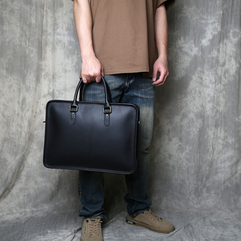 Мъжка чанта за документи от първокачествена телешка кожа (първи слой), едноцветен дизайн, платнена подплата, подходяща за бизнес пътувания
