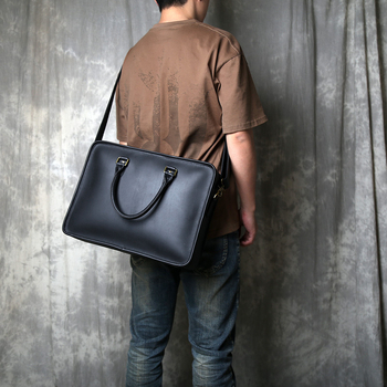 Мъжка чанта за документи от първокачествена телешка кожа (първи слой), едноцветен дизайн, платнена подплата, подходяща за бизнес пътувания