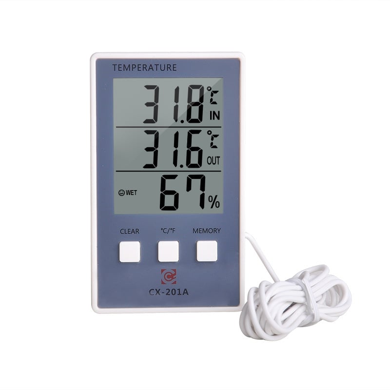 Mažas akvariumo termometro ir higrometras su jutikliu, dvigubas temperatūros rodymas, 0,1°C raiška, temperatūros klaida 1°C, drėgmės klaida 5%