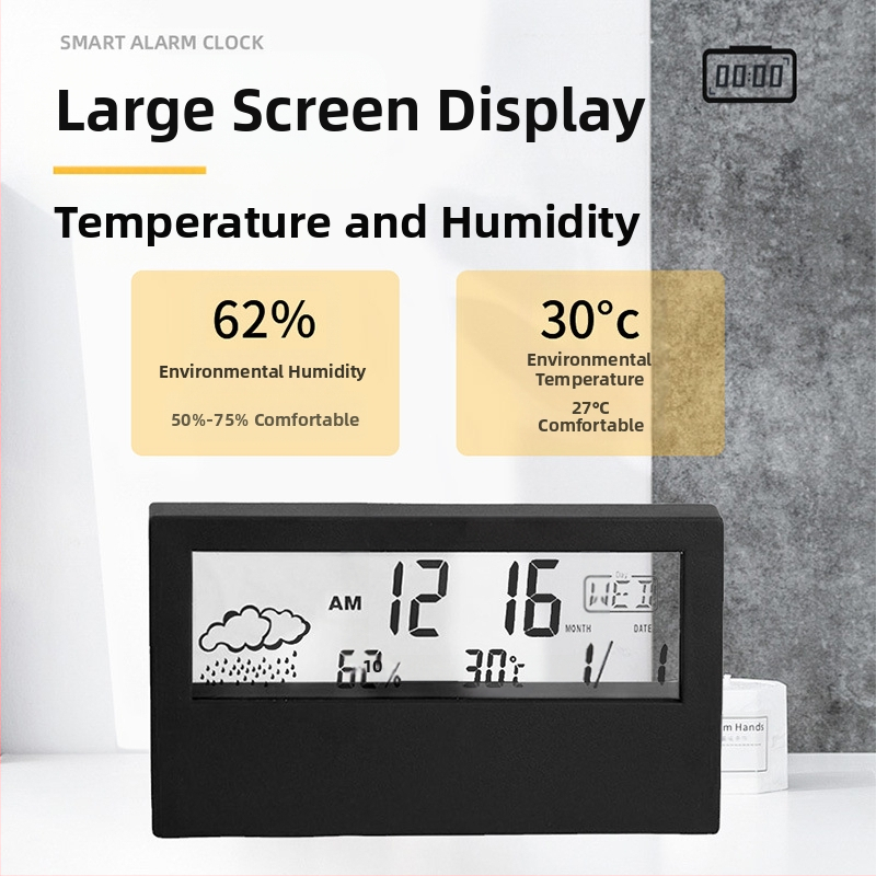 Будилник със двустранен дизайн, LED дисплей, термометър, прогноза за времето и вечен календар