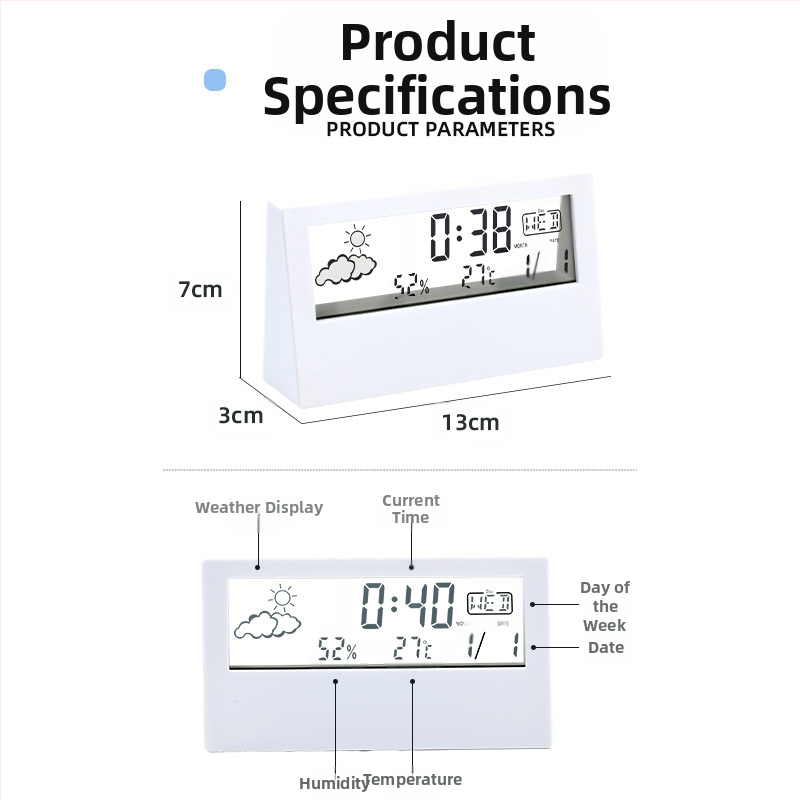 Будилник със двустранен дизайн, LED дисплей, термометър, прогноза за времето и вечен календар