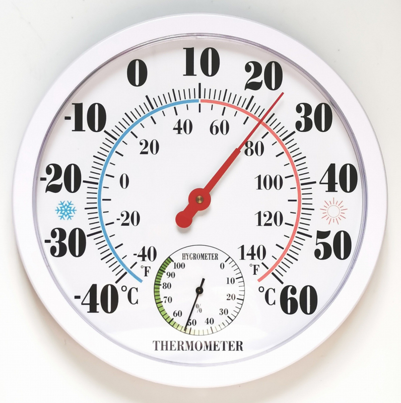 Pointer típusú hőmérséklet- és nedvességmérő – Hőmérséklet-tartomány -40–60°C, Páratartomány 0–100% RH, Felbontás 2°F/2°C, Páratartalom felbontás 2%
