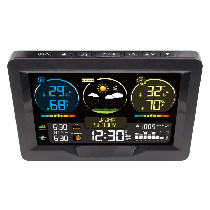 FJ3383M digitális higrométer időjárás-óra előrejelzéssel, naptárral, napkelte és napnyugta, ébresztő