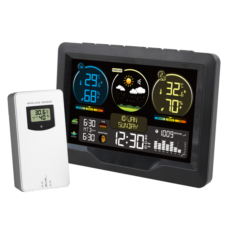 FJ3383M digitális higrométer időjárás-óra előrejelzéssel, naptárral, napkelte és napnyugta, ébresztő