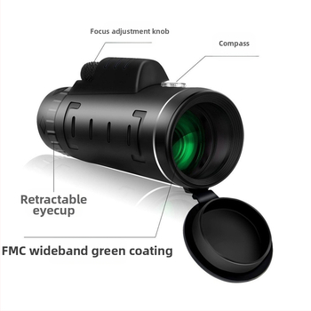 Monokulinis teleskopas 40x — 40x didinimas, matymo laukas 9°, išėjimo vyzdžio skersmuo 8 mm, akių atvartos atstumas 22 mm, raiška 100