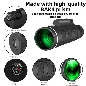 Monokulinis teleskopas 40x — 40x didinimas, matymo laukas 9°, išėjimo vyzdžio skersmuo 8 mm, akių atvartos atstumas 22 mm, raiška 100