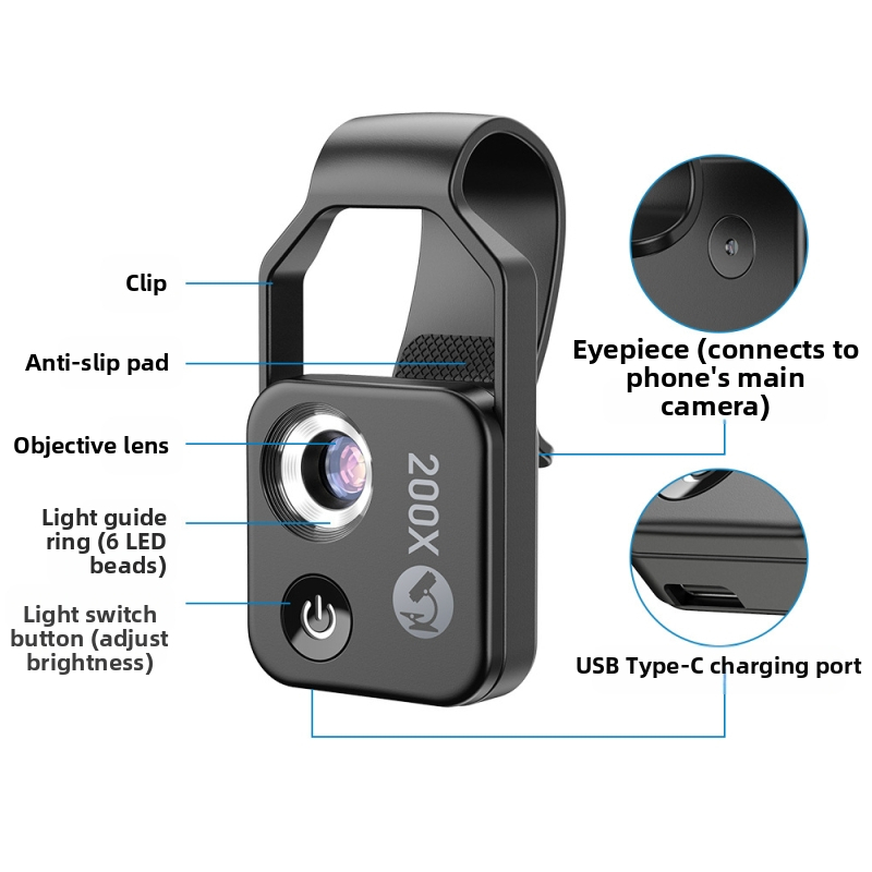 APEXEL ms002 Микроскоп за мобилен телефон с 200x увеличение, LED осветление, CPL леща, HD преносима камера за Apple iPhone