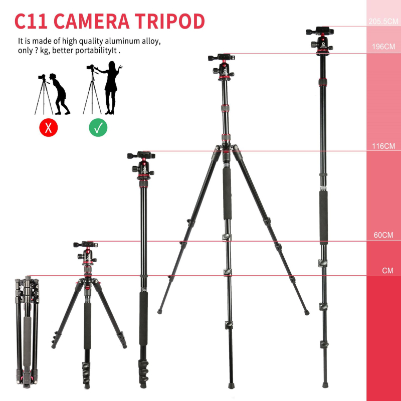 Τρίποδο C11 για κινητό/κάμερα με σφαιρική κεφαλή παν-tilt; από αλουμίνιο κράμα; μεταφορική ικανότητα 11–15 kg; ύψος έως 196 cm; βάρος 1,7 kg; περιλαμβάνει βάση γρήγορης απελευθέρωσης