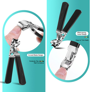 Nagų kirpimo žirklės su lenktu dizainu ir ilga rankena – didelis atidarymas, plokščias burnos kampas, nešiojamas namų įrankis; medžiaga: plastikas + nerūdijantis plienas