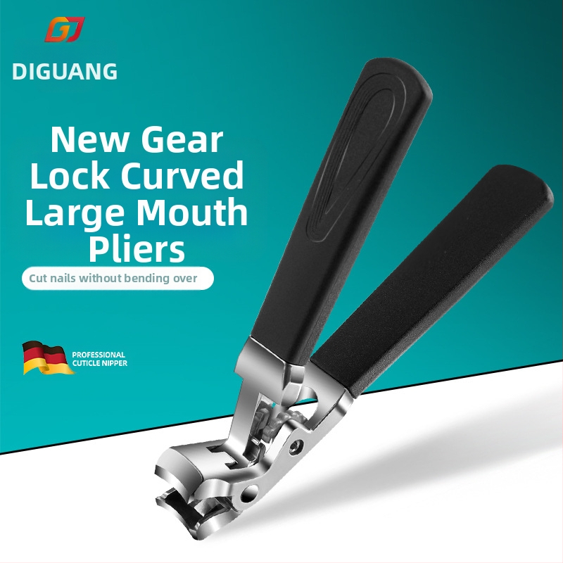 Nagų kirpimo žirklės su lenktu dizainu ir ilga rankena – didelis atidarymas, plokščias burnos kampas, nešiojamas namų įrankis; medžiaga: plastikas + nerūdijantis plienas