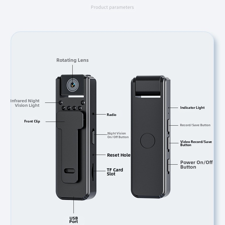 A8 HD инфрачервена камера за нощно виждане и правоприлагане с клип за носене, конференционен запис, 1 MP, TF карта, 6 ч. батерия, ABS корпус