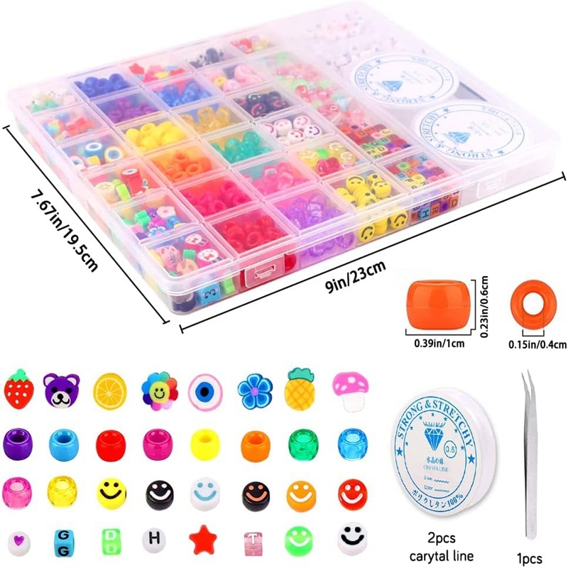 Set perli od polimerne gline za DIY nakit — nasmiješene ponije perle, cilindrične perle, slova, motiv voća