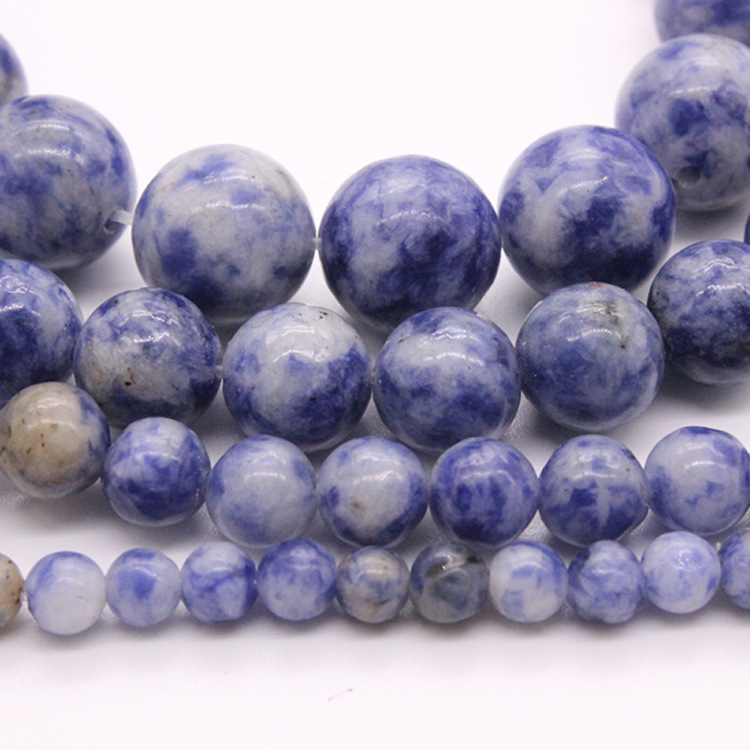 DIY ékszerkészítéshez szabad gyöngyök – fehér pöttyös kék természetes kő gömbölyű gyöngyök, polírozott; Bodhi csillag hold kiegészítő készlet karkötőhöz és nyaklánchoz (Jingwei Pavilion Jewelry)