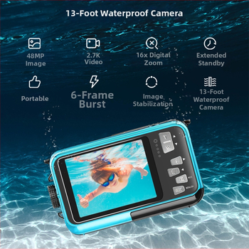 WP06 Víz alatti digitális kamera, 48MP, Két LCD kijelző (1.8/2.7 inch), ABS tokozás, TF kártya tárolás, 3 órás akkumulátor