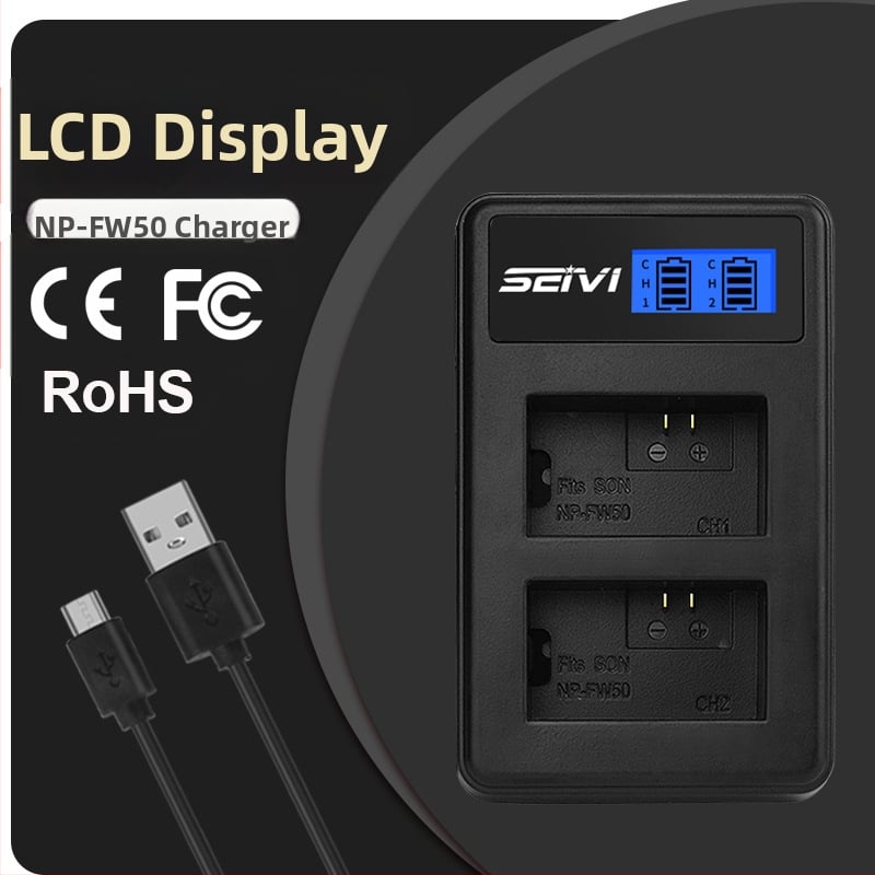 SEIVI NP-FW50 töltő Type-C LCD kijelzővel, 8.4V 0.6A×2 a Sony FW50 akkumulátorhoz