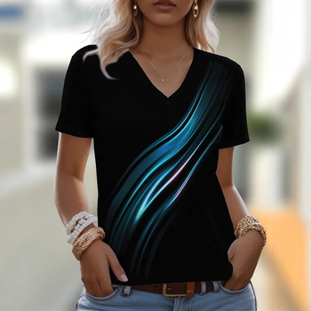 Női 3D nyomtatott mintázatú felső, V-nyakú, rövid ujjú, lélegző hálós anyag