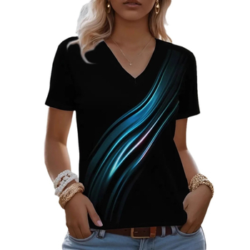 Γυναικεία T-shirt με σχέδιο 3D εκτύπωσης, V-λαιμό, κοντά μανίκια, διαπνέον ύφασμα με διχτυωτή ύφανση