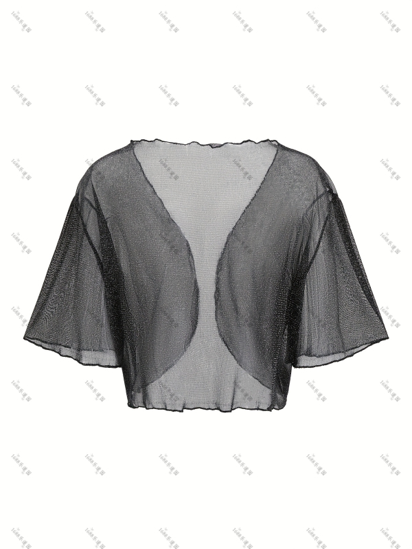 Cardigan subțire scurt pentru femei – transparent, fără guler, mâneci trei sferturi, poliester 95%+