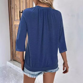 Γυναικεία καθημερινή κοντή T‑shirt με V‑λαιμό, πολυεστέρας με σπάντεξ, κοντά μανίκια, άνετο στυλ πουλόβερ, μεσαίο μήκος