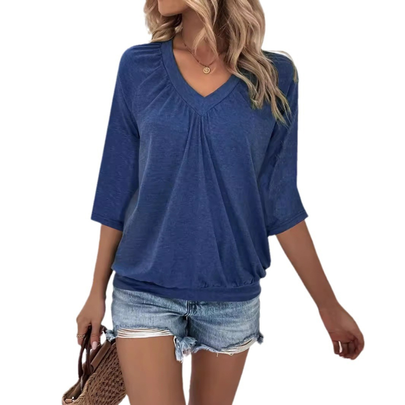 Дамска ежедневна тениска с V‑образно деколте, полиестер със спандекс, къс ръкав, пуловерно‑лежен стил, средна дължина