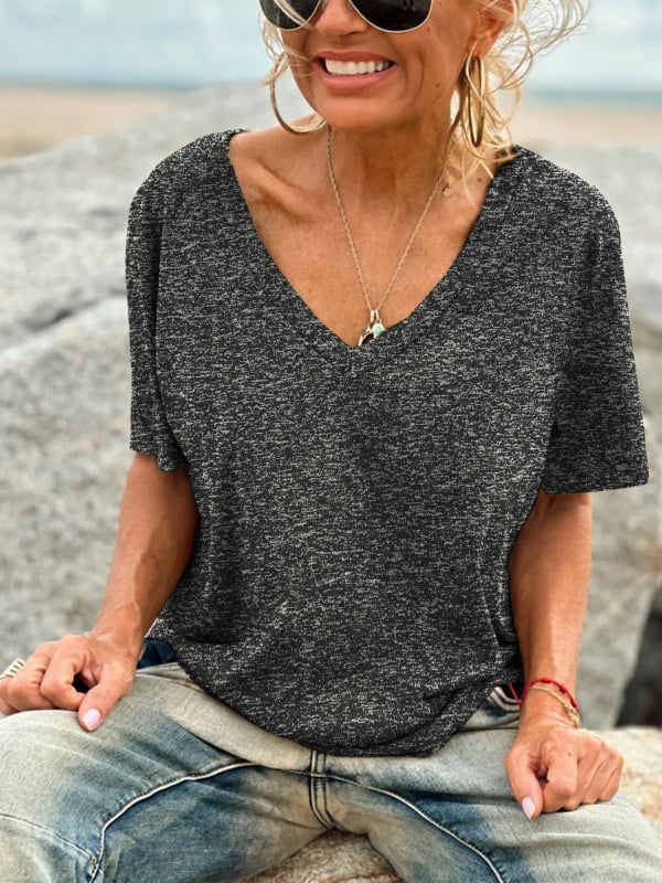Top dama cu decolteu în V, mânecă scurtă, croi lejer, țesătură poliester-elastan, lungime 50–65 cm