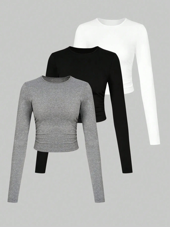 Set din trei piese din poliester cu piping, decolteu rotund, mâneci lungi, croială slim