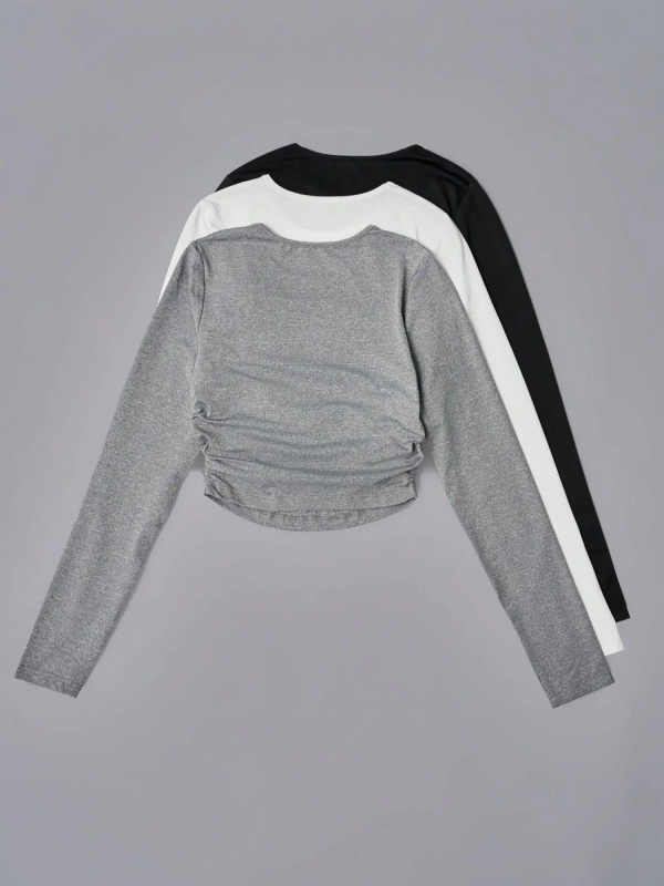 Set din trei piese din poliester cu piping, decolteu rotund, mâneci lungi, croială slim