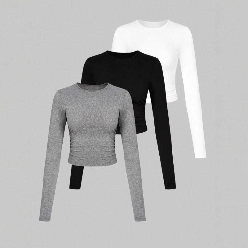 Set din trei piese din poliester cu piping, decolteu rotund, mâneci lungi, croială slim