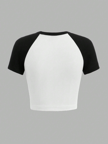 Μπλούζα τύπου T-shirt με εκτύπωση κερασιών, εφαρμοστή γραμμή, ύφασμα πολυεστέρα-ελαστάν, ραγκλάν μανίκια, στρογγυλή λαιμόκοψη