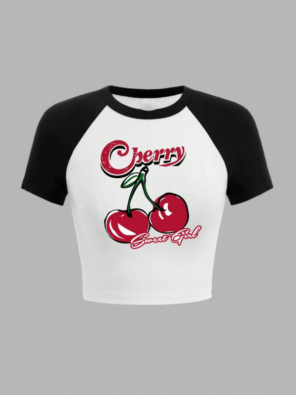 Póló gyümölcsös meggy mintával, Slim fit, poliészter-elasztán anyag, raglán ujjú, kerek nyakú